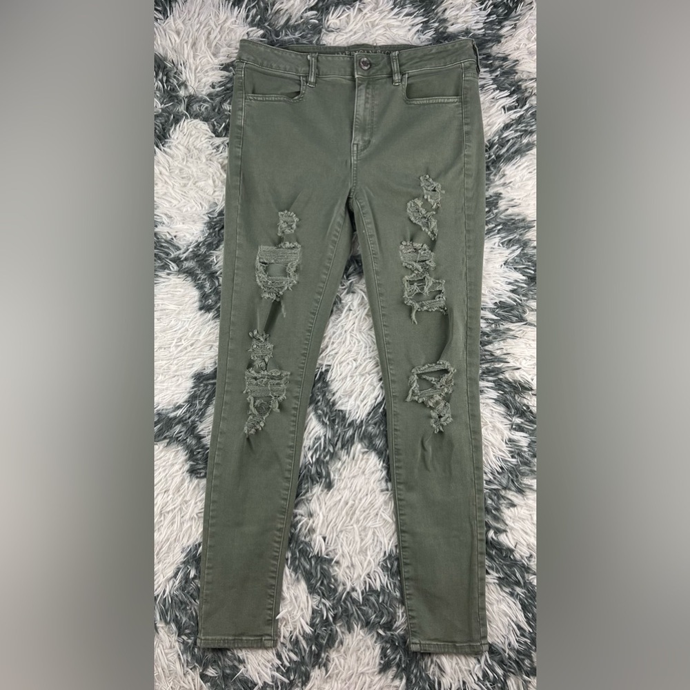 American Eagle Women’s Olive Hi Rise Jeggings Distressed Size 10